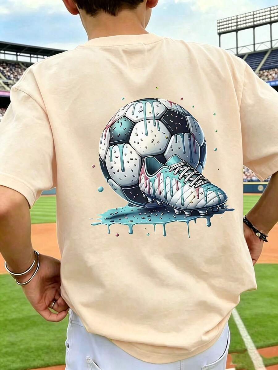 Tween Boy Casual Fun Graphic Print Crew Neck Pullover Short Sleeve T-Shirt Summer Top - Apricot - View 1