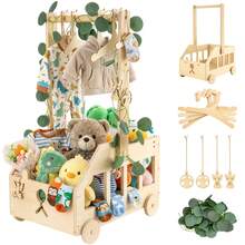 Wooden  Hamper Basket With Wheels & Handles, Shower Gift Crate - Wood Color - View 1