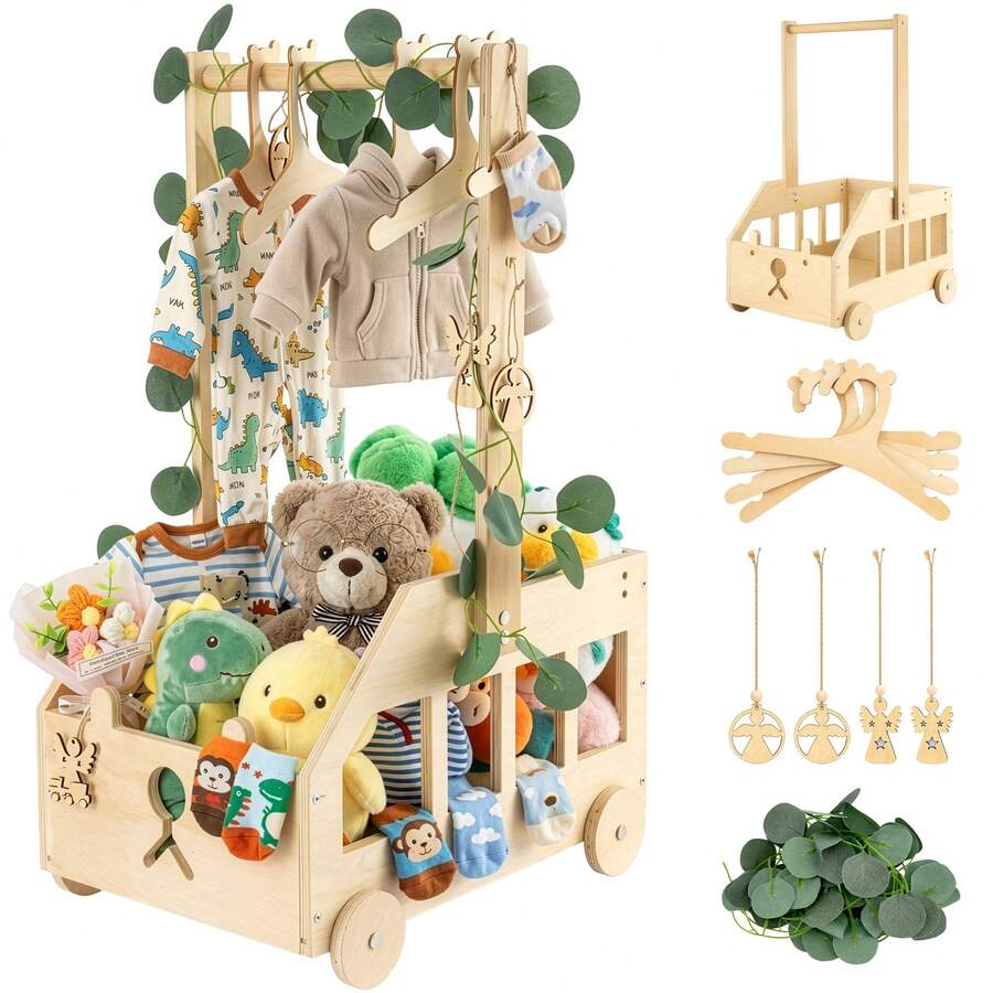 Wooden Hamper Basket With Wheels & Handles, Shower Gift Crate - Wood Color - View 1