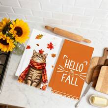 MEMNUN 2 Pcs Autumn Cute Striped Scarf Cat Print Pattern Kitchen Towel Dishcloth, Ultra-Fine Microfiber Polyester Material, Autumn Maple Leaf Pumpkin Hello Fall Decorative Hand Towel, Thanksgiving Home Fabric Hanging Towel, Home Decor, Kitchen Decor, Fall Decor, Suitable For Restaurant, Kitchen, Home Decoration And Gift, 40*60cm/45*70cm - Multicolor - View 7