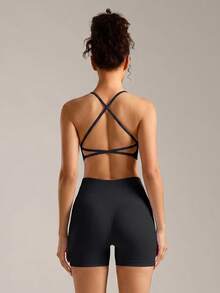 VVX Women's Built-In Bra Fitness Set, Elastic Sports Outfit, Suitable For Yoga, Cycling, Gym Training - Black - View 3