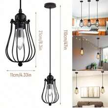 1 Buah Lampu Gantung Sangkar Burung Besi Industri Vintage, Lampu Gantung Logam Kreatif dengan Soket E27, Cocok untuk Ruang Makan, Bar, Dapur, Ruang Tamu, Perlengkapan Pencahayaan Gaya Minimalis Loft Nordik (Bola Lampu Tidak Termasuk) - Hitam - View 6