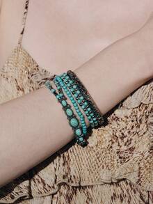 Noxbound 5pcs/Set Western Cowboy Style Faux Turquoise Series Fashion Stretch Beaded Bracelet Set, Suitable For Women Or Men For Daily Wear - Turquoise Bracelet Set - View 5