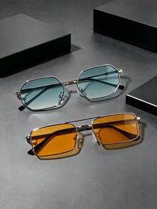 2 Pairs Unisex Thin Silver Metal Fashion Glasses Set, Hexagon Gradient Lenses + Double Bridge Rectangular Solid Color Lenses, Alloy Metal Frame, Retro Minimalist Gentleman Style Glasses, Suitable For Spring/Summer Daily Commute, Driving And Travel - 2111 Silver Gradient Green + 345 Silver Orange - View 1