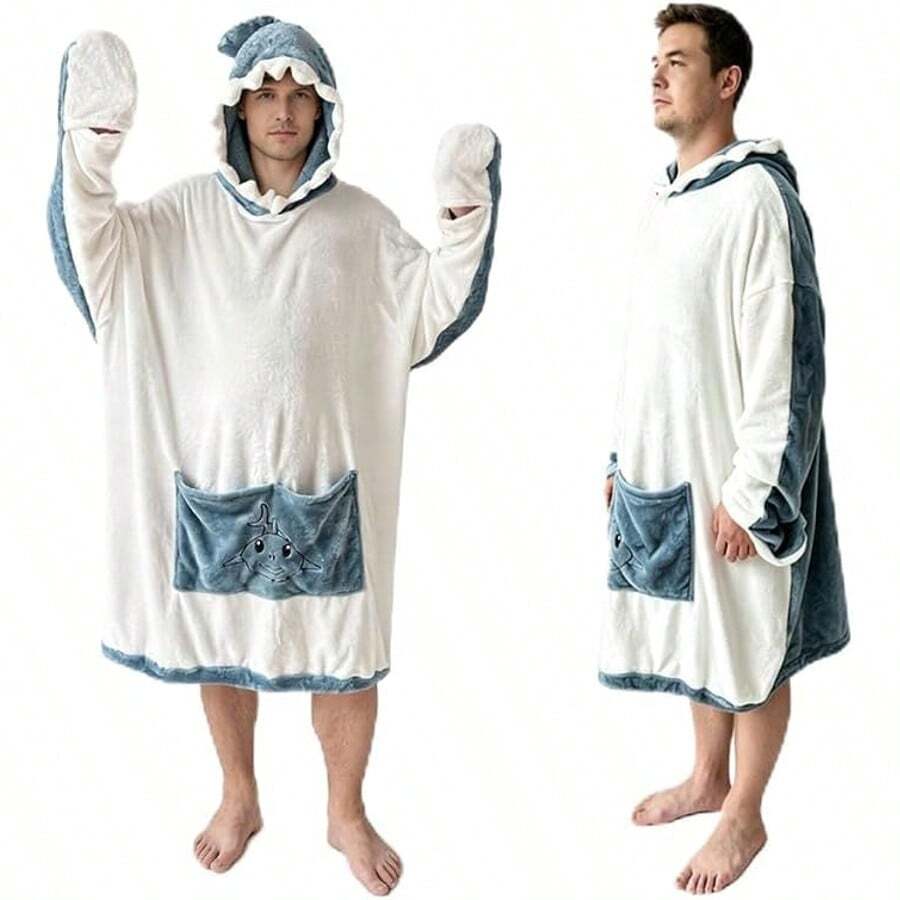 SunBritly Cobertor de Tubarão Azul Unissex Oversized, Moletom com Capuz Confortável para Mulheres, Cobertor de Animal Vestível, Grosso e Quente com Grande Bolso Frontal Verde, Fantasia de Tubarão Tamanho Adulto, Presente para Amantes de Tubarão