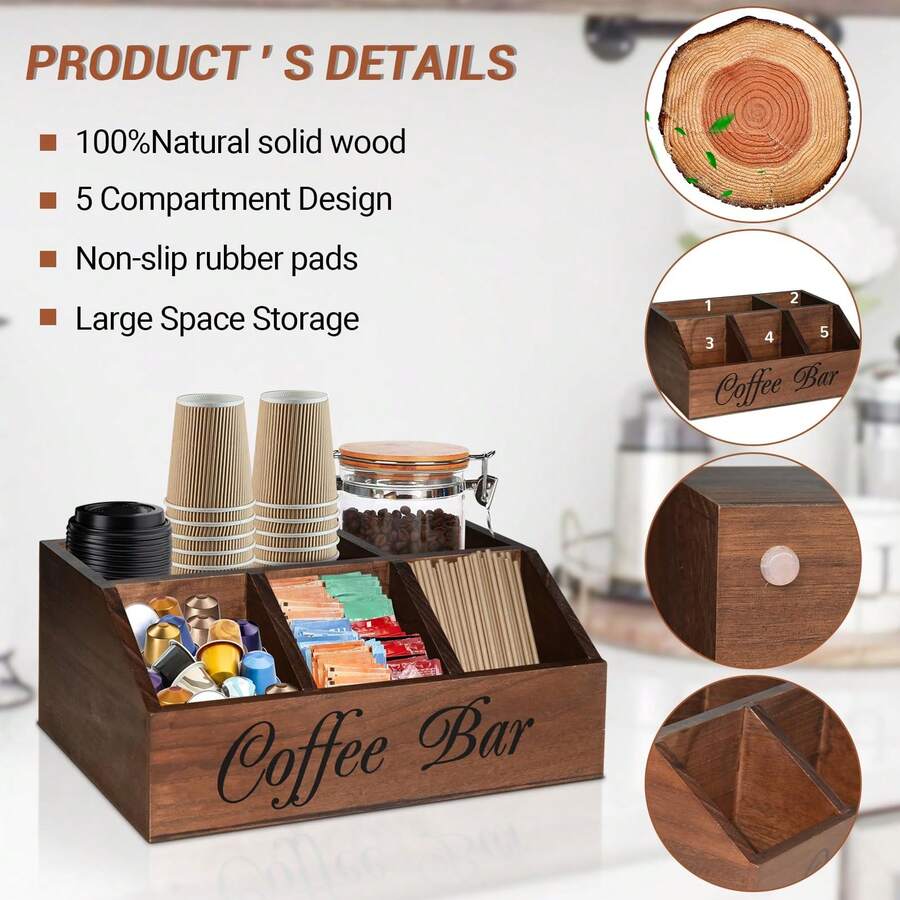 Manovix Brown Rustic Wood Coffee Bar Storage Box, Large Capacity Multi-Compartment Countertop Organizer For Coffee Pods, Tea Bags, Creamer, Sugar, Stirrers, Functional Kitchen Counter Holder For Coffee Lovers, Perfect For Home, Cafe, Office & Hotel Daily Use