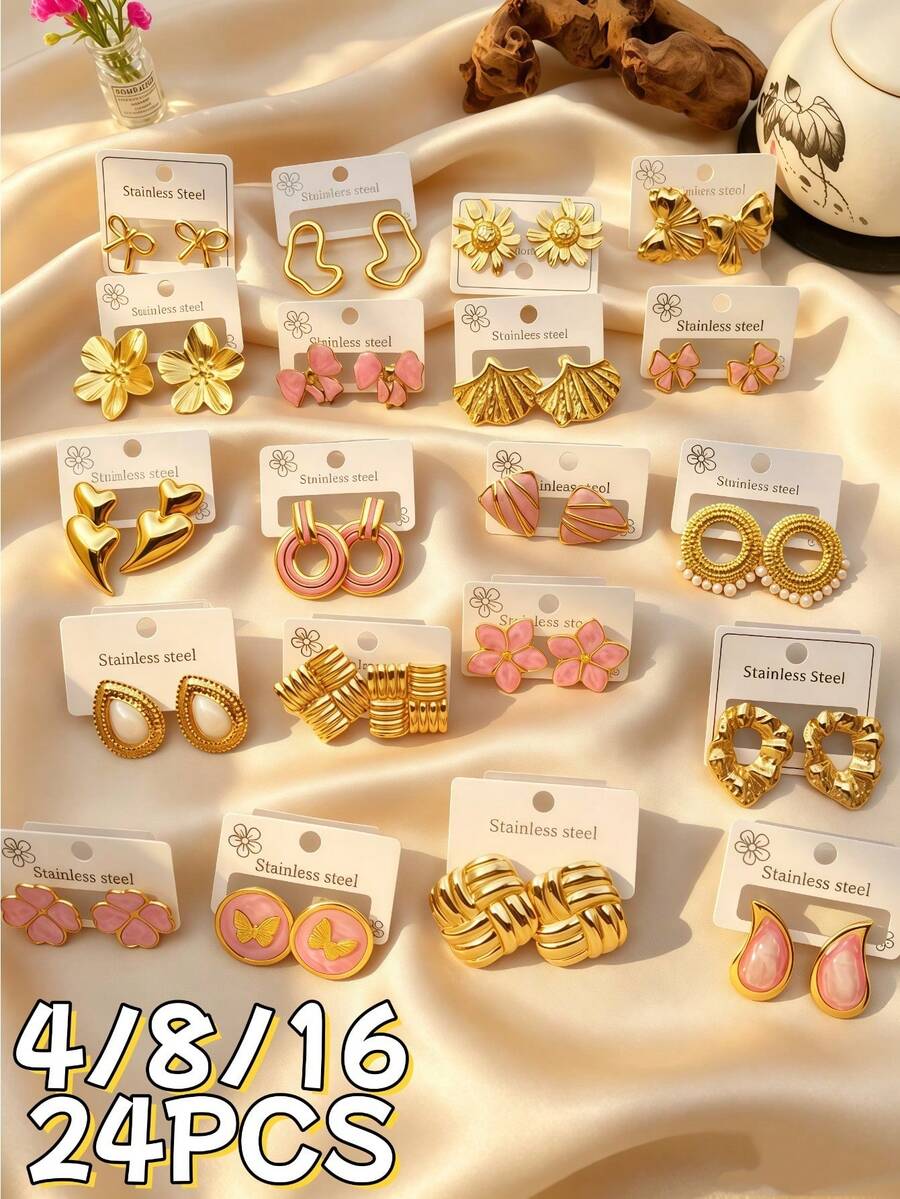 4/8/16/24 Piezas Pendientes de Acero Inoxidable con Girasol de Naturaleza Fresca – Joyería de Moda para Mujeres - Multicolor - Ver 1