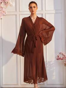 Women's Coffee Color Sheer Mesh V-Neck Lace Embroidered Long Sleeve Bustier Waist-Cinching Slit Long Dress Nightgown Set - Brown - View 4