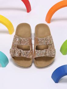 1 Pair Girls' Gradient Glitter Rose Gold Double Strap Slip-On Fashion Sandals, Suitable For Home, Walking And Playing - Rose Gold - View 1
