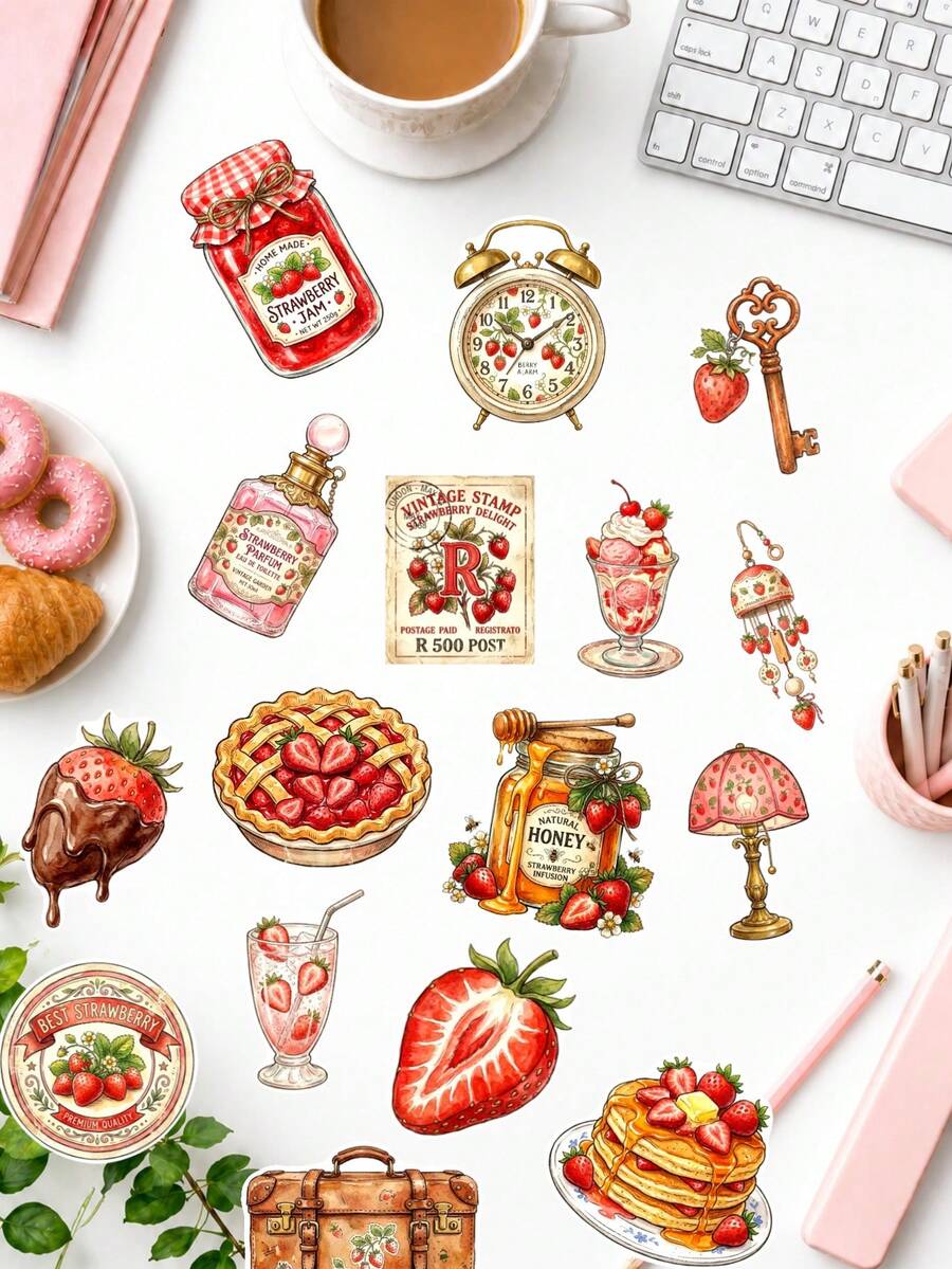 50 Peças Adesivos Vintage de Morango em Aquarela, Doces, Geleia de Morango, Torta, Macaron, Relógio, Caixa de Correio, Estética Pastoral Suave e Quente, Decoração para Diário, Envelope, Capa de Telefone, Scrapbook & Artesanato para Amantes de Cottagecore - Multicolorido - Visão 1