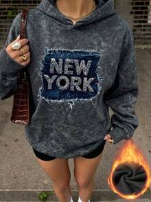 女款秋冬新款 NEW YORK 印花簡約休閒時尚百搭保暖內裡連帽衛衣 黑色 - 黑色 - 查看 2