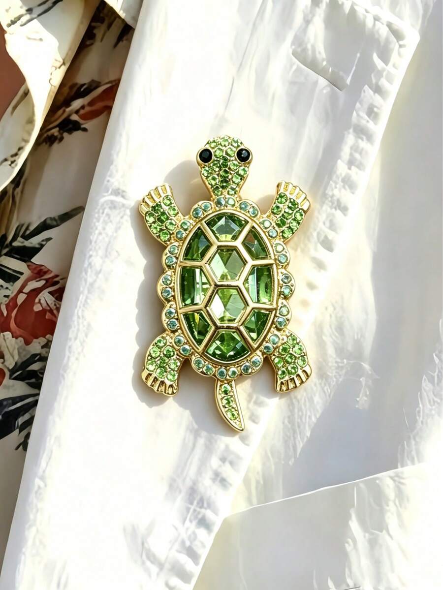 1 pièce Broche tortue en cristal vert, épingle de col en strass ton doré, broche vintage animal marin pour femmes, bijou pour manteau de plage et écharpe, cadeau de Noël et d'anniversaire - Multicolore - Voir 1