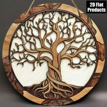 Diseño Plano 2D, Mural del Árbol de la Vida - Placa Decorativa Redonda de Madera Estilo Rústico, Decoración del Hogar, Adecuada para Sala de Estar, Cocina, Oficina, Cafetería - Regalo Ideal para Vacaciones, Mural de Cafetería | Diseño Artístico del Árbol | Exquisito Patrón de Corteza - Multicolor - Ver 3