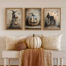 3 Piecescanvas Gallery Wall Art Set, Vintage Matte Witch, Pumpkin, Haunted House Halloween Combo Wall Decor, Perfect For Living Room Or Bedroom, A Birthday Or Housewarming Gift For Fans Of Vintage Witches, Pumpkins, And Halloween - 111 - View 9