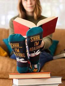 1 Pair Unisex Fun "Shhh... I'm Reading" Book Pattern Mid-Calf Socks, Casual All-Season Style, Perfect Gift For Book And Reading Lovers - Multicolor - View 6