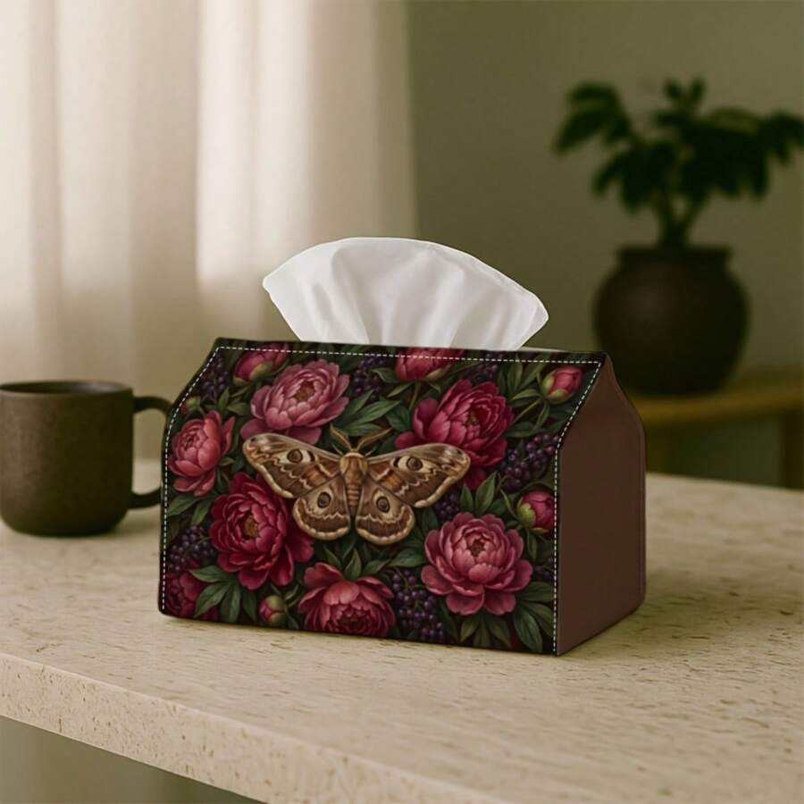 1pc Gothic Moth Art Tissue Box | Multi-Functional Tissue Holder, Suitable For Home, Party, Car Interior Decor Dark Red Peony Pattern - Living Room, Bedside Table Decorative Tissue Box - Suitable For Tissues/Rolls/Napkins