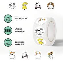 Cartoon Halloween Cute Ghost Material Envelope With Sealed Opening, Exquisite Small Ghost Round Label Stickers, Multi-Purpose Ghost Decorative Stickers, Suitable For Notebooks, Scrapbooking, Halloween Crafts, Reward Stickers, 500 Pieces Per Roll Halloween - Multicolor - View 2