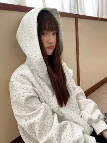 Women's Ditsy Floral Hooded Sweatshirt, Slimming Casual Top, Thin Autumn Tops - Grey - View 1