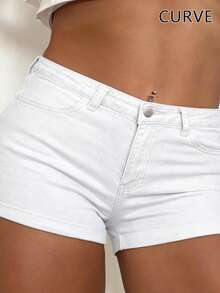 Shorts de mezclilla blanca talla grande, diseño con botones y bolsillos, tela elástica, adecuado para salidas diarias - Blanco - Ver 3
