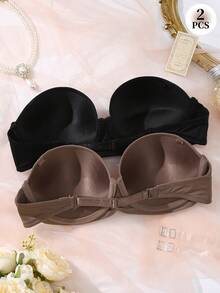 2pcs Women's Smooth Strapless Bra With Detachable Transparent Shoulder Straps, Push-Up Lift And Gather Design, Versatile Cold Shoulder Bra - Multicolor - View 2