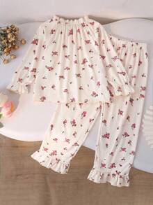 Sweet Spring/Autumn Girls French Vintage Floral Long Sleeve & Long Pants 2 Pieces Set, Soft Fabric Pajamas, Suitable For Daily Home Leisure Wear - Apricot - View 4