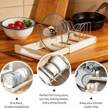 Expandable Pot And Pan Storage Rack, Telescopic Pot Lid Organizer, Kitchen Accessory, Used For Storing Pots, Pans, Lids, Plates And Cutting Boards, Suitable For Kitchen Countertop Or Cabinet Interior - White - View 7