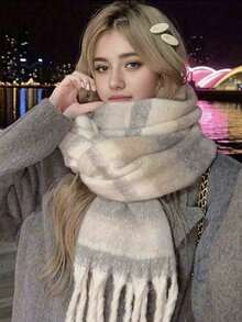 1pc Small Plaid Scarf, Soft And Warm, Suitable For Women To Match With Skirts In Autumn And Winter - Beige - View 4