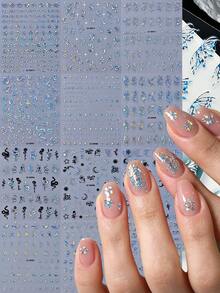 12Pcs Holographic Silver Butterfly & Snake Nail Stickers, Laser Metallic Rose Moon Star Butterfly Tiny Star Glitter Self-Adhesive Nail Decals, For Galaxy & Space Themed Manicure Accessories DIY Nail Art Supplies, Shiny Nail Decorations - Multicolor - View 2