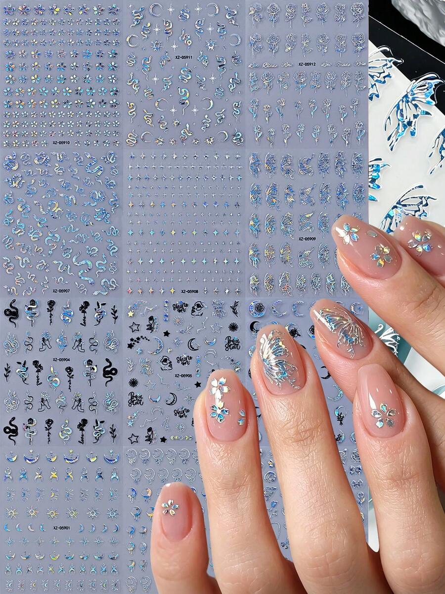 12Pcs Holographic Silver Butterfly & Snake Nail Stickers, Laser Metallic Rose Moon Star Butterfly Tiny Star Glitter Self-Adhesive Nail Decals, For Galaxy & Space Themed Manicure Accessories DIY Nail Art Supplies, Shiny Nail Decorations