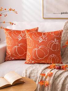1pc Autumn Thanksgiving Minimalist Pumpkin Throw Pillow Cover, Orange Velvet With White Line Drawn Pumpkin Pattern Square Decor Cushion Case For Living Room Sofa Bed Holiday Party, Pillow Insert Not Included - Brown - View 5