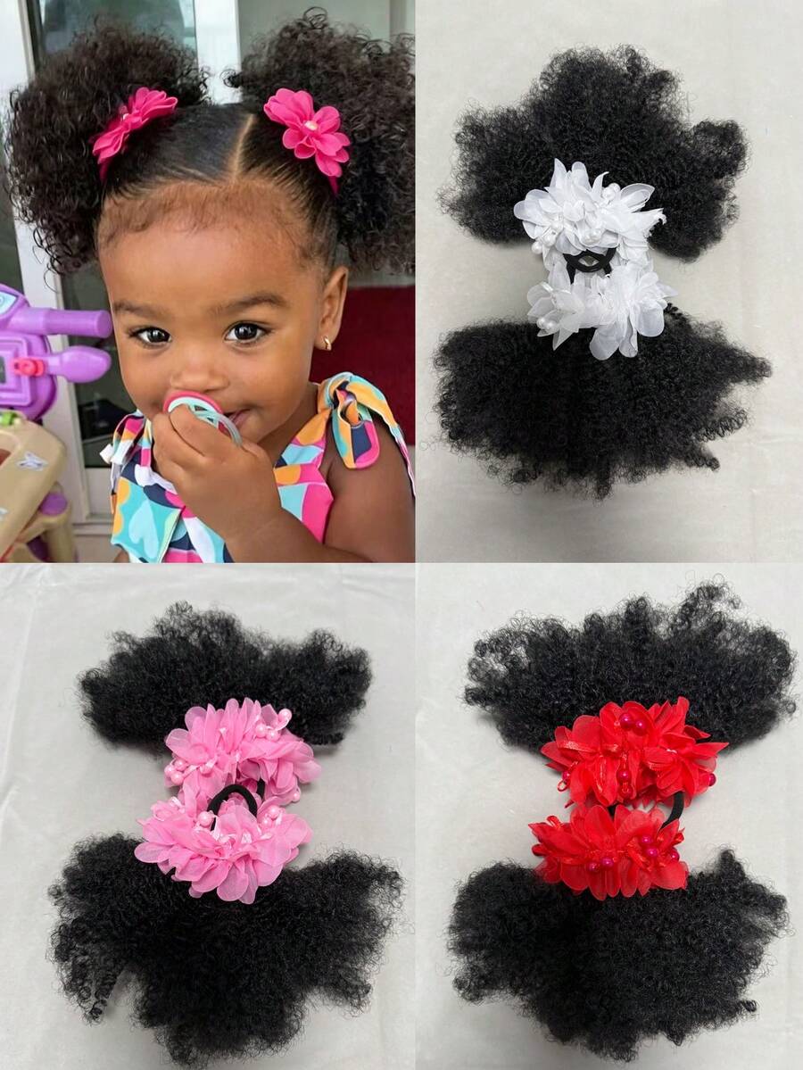 2PCS African Small Curls With Bubble Hair And Ponytail Wig For Children - 黑色 - 查看 1