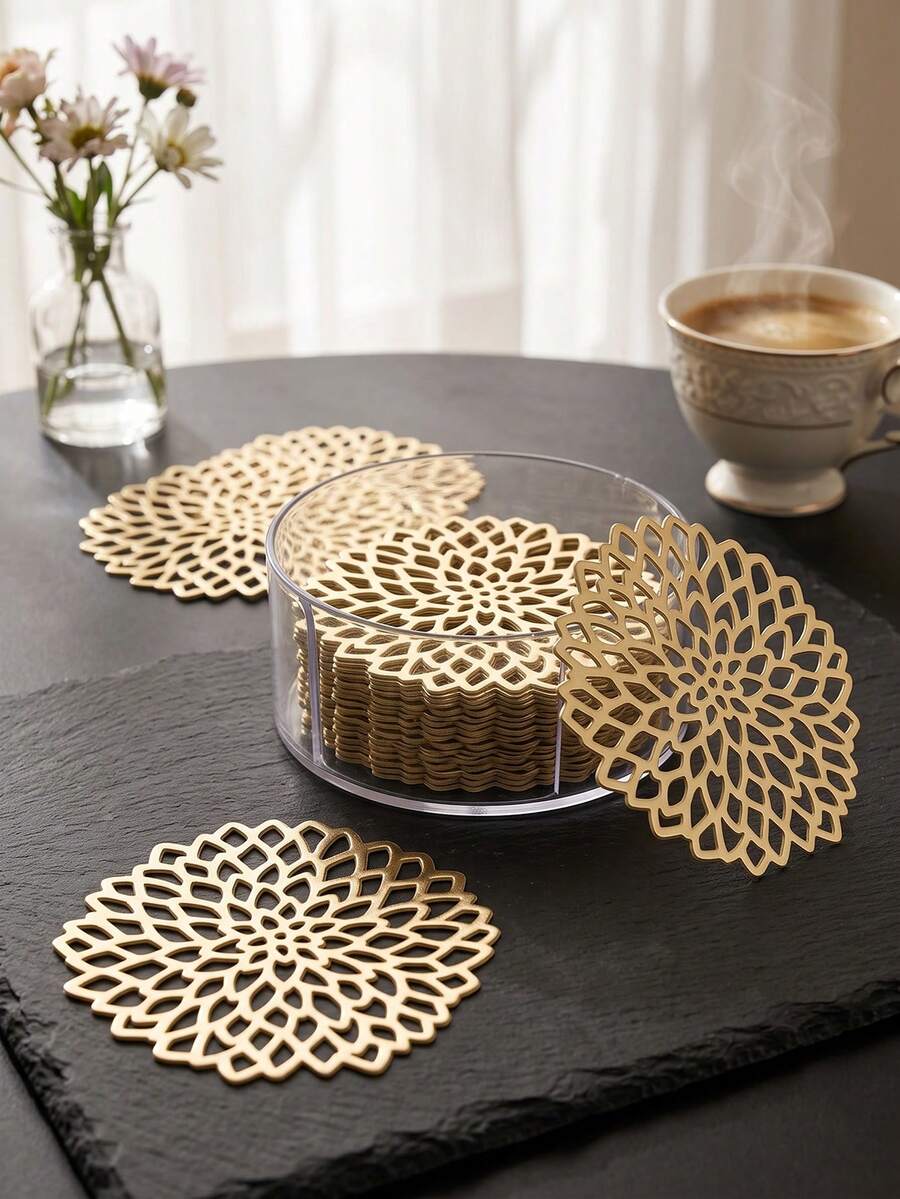 1-12pcs Hollow Heat-Insulated PVC Desktop Cup Coasters, Hotel Table Decor Wine Glass Pads Suitable For Holidays, Parties, Birthdays, Weddings And Dinner Parties - Multicolor - View 1