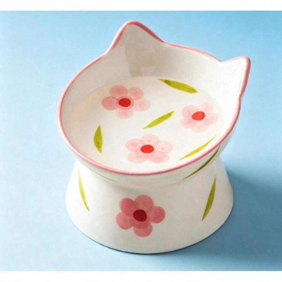 1pc Cute Cat Face Design Ceramic High Foot Pet Bowl, Anti-Tipping Slanted Rim Dog Cat Food Water Feeder - White - View 1