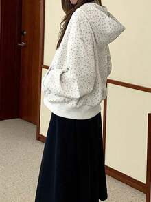 Women's Ditsy Floral Hooded Sweatshirt, Slimming Casual Top, Thin Autumn Tops - Grey - View 3