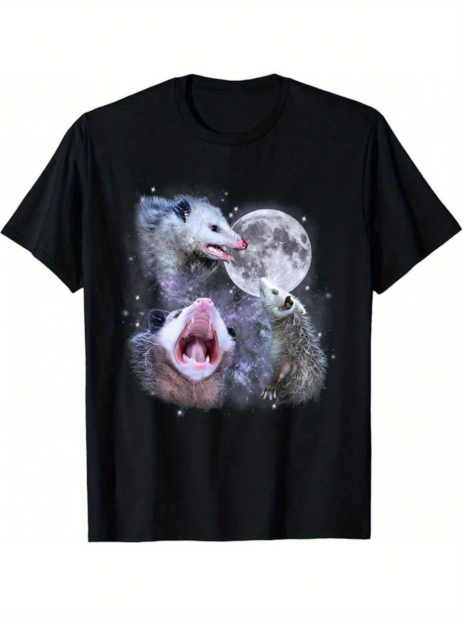 1 camiseta con estampado de meme divertido y raro de tres mapaches - 180g 100% algodón - Cuello redondo - Manga corta - Negro - Ver 1