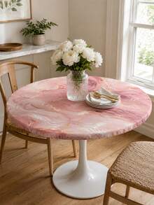 1 pièce Nappe élastique en marbre rose et or, nappe ronde minimaliste en spandex, motif texture dorée, ajustement serré, lavable, réutilisable, protecteur de table à manger antidérapant, convient pour la table à manger, la fête de vacances, la décoration de la maison, le banquet, l'utilisation quotidienne - Multicolore - Voir 4