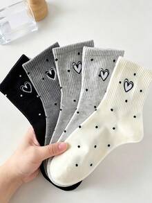 5 Pairs Assorted Women's Casual Versatile Heart Pattern Mid-Calf Socks, Comfortable Soft Cute Japanese Style - Multicolor - View 5