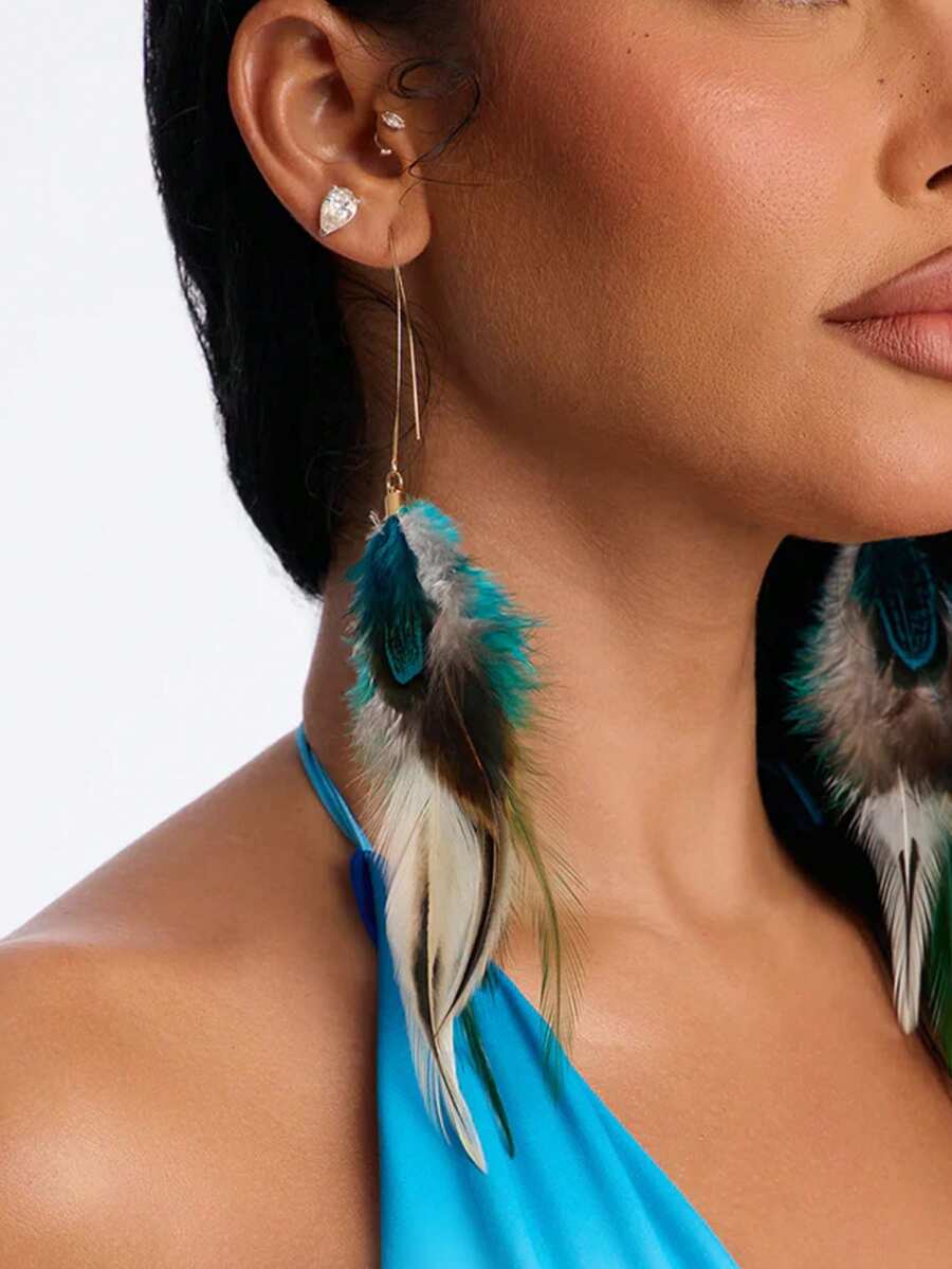 outingfit 1 Pair Blue Feather Earrings, Minimalist Design, Stage Performance Accessories - Gold - View 1