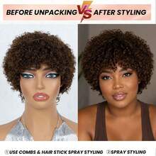 AMECIRE Wig Rambut Keriting Cokelat Wig Rambut Manusia Model Pixie Cut Wig Rambut Pendek Wanita dengan Poni Bentuk Mengembang 4 Inci Topi Jaring Elastis Cocok untuk Pemakaian Sehari-hari dan Liburan - S4 - View 4