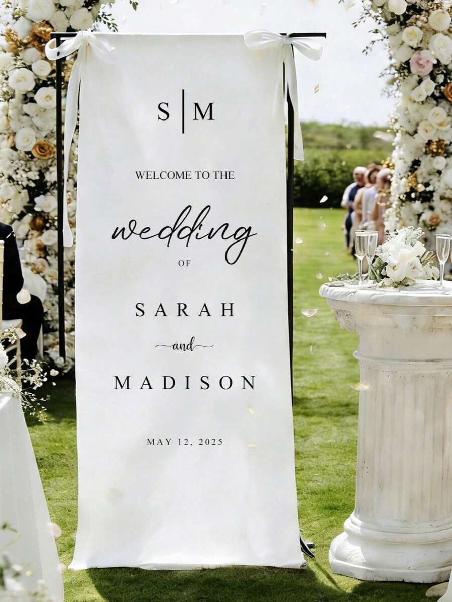 Custom Wedding Welcome Sign | Vertical Fabric Wedding Banner | Personalized Name & Date Backdrop | Rustic Outdoor Ceremony Decor - Multicolor - View 1