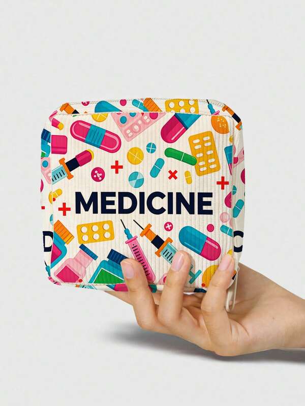 "Medicine" Pattern Printed Portable Medicine Storage Bag, Pill Box, First Aid Kit, Makeup Bag, Coin Purse, Suitable For Daily Use/Outdoor/Travel, Convenient Medicine Storage, Can Organize Medicine, Cosmetics, Phone And Other Small Items, Travel Essential, Christmas Gift, Personalized Gift Bag, Teacher's Day Gift, Small Gift Exchange, Room Decoration