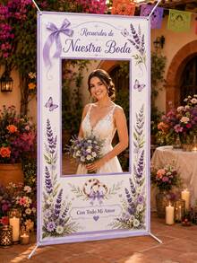 1pc Lavender Spanish Wedding Photo Booth Frame, Printed With Recuerdos De Nuestra Boda And Con Todo Mi Amor, Floral, Bowknot And Ring Patterns, Polyester Rectangular Hollow Background Cloth With 4 Metal Grommets, Suitable For Wedding Reception, Bridal Shower And Photo Decoration - Multicolor - View 5