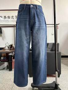1件美式復古水洗超寬鬆寬腿男士牛仔褲，無彈力，適合休閒與工作穿著 - 深色水洗藍 - 查看 8