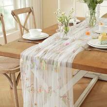 3 Pes White Foral Table Runner Of Embroidery Tule Spring Widflower Table Runner Sesonal Summer Buterfly Kichen Dining Gauze Decoration For Baly Shower Weding Party Birthday - Floral Table Runner - View 7