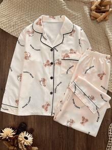 Women's Cute "Happy Bear" Print Pajama Set, Long Sleeve Long Pants 2 Pieces Loungewear, With Black Contrast Trim And 4-Button Front - White - View 1
