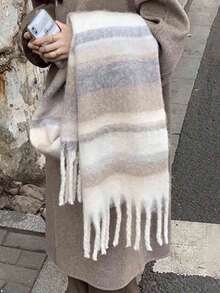 1pc Small Plaid Scarf, Soft And Warm, Suitable For Women To Match With Skirts In Autumn And Winter - Beige - View 3