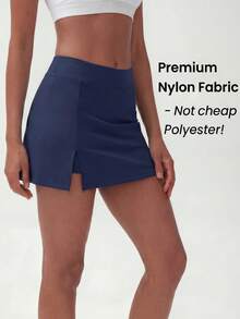 RRIVE Solid High Waisted Tennis Athleisure Skirt Built-In Shorts A-Line Skort Quick Dry Athletic Mini Skort Tennis Yoga Golf Pickleball Vocation - 藏蓝色 - 查看 3