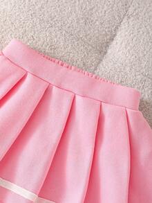 MYVLNA 2pcs/Set Baby Girl Pink & White Colorblock Baseball Jacket With Pink Pleated Skirt, Letter Embroidery & Number Patch, Bow Sleeve Decor, Striped Collar & Cuffs, Button Front, Sweet Preppy Style - Pink - View 8