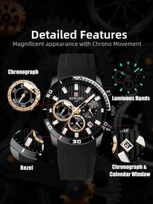 REWARD Men's Quartz Watch Silicone Strap Business Fashion Style Calendar Display Luminous Hands Multifunction High Quality Gift Classic Watch - Black - View 4