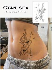 1pc Black Line Drawing Hibiscus Flower Vortex Star Vertical Long Strip Temporary Tattoo Sticker, Realistic Fake Tattoo Design, Suitable For Daily Wear, Bachelorette Party Favors, Music Festivals, Games, Graduation Gifts, Lasts 3-5 Days - Black - View 1